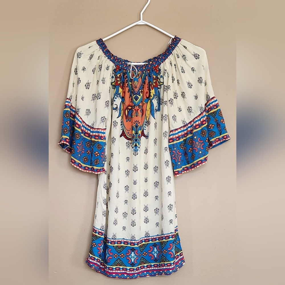 California Moonrise Boho/Hippie Tunic Top Cream With Lots Of Colors Women Sz S